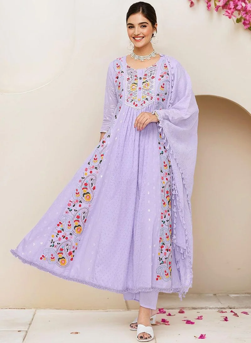 آي شين Women's Lilac 100% Cotton Embellished Tunic Full Length Casual Straight Fit Kurta Set